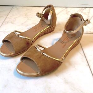 Eric Michael, size 39/ US 8, brown suede and gold detail ankle wrap sandals